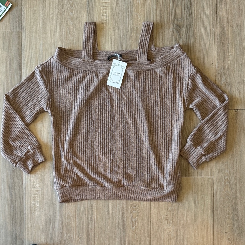 Elegant Off-the-Shoulder Ribbed Sweater - Tan